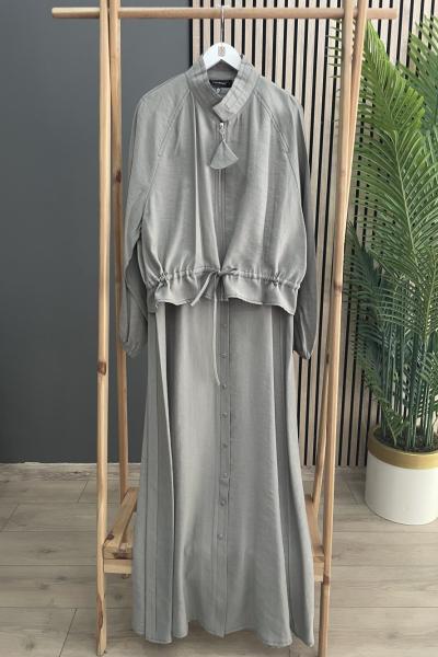 Ceremony İç Elbisesi Önden Baskı Düğmeli Kısa Ceketli Elbise Takım Gri