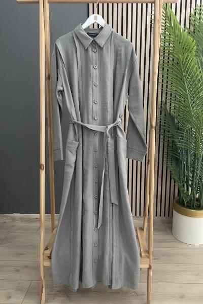 Ceremony Önü Ve Arkası Aller Detaylı Yandan Torba Cepli Pasion Gömlek Elbise Gri
