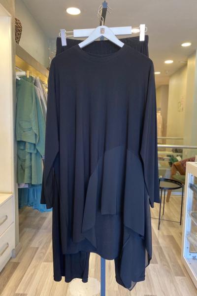 Ceremony Önü Yarım Ay Şifon Bol Paça Sandy Pantolon Takım  Siyah