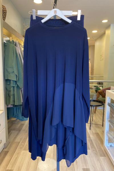 Ceremony Önü Yarım Ay Şifon Bol Paça Sandy Pantolon Takım  Lacivert