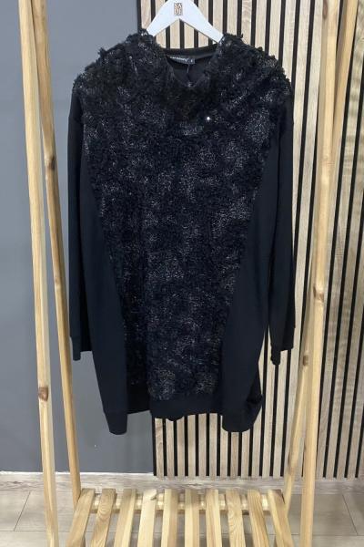 Ceremony Örgü Triko Detaylı Boğazlı Çelik Tunik  Siyah