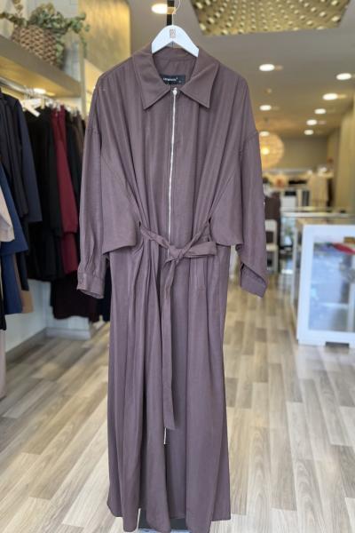 Ceremony 2026 KIŞ Önden Fermuarlı Tek Kolu Taş Detay İçten Kemerli Kap Kahverengi