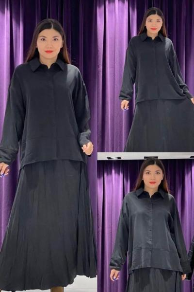 Ceremony Arkası Anvelop Detaylı Eteği Kraşlı Tencel Takım Siyah