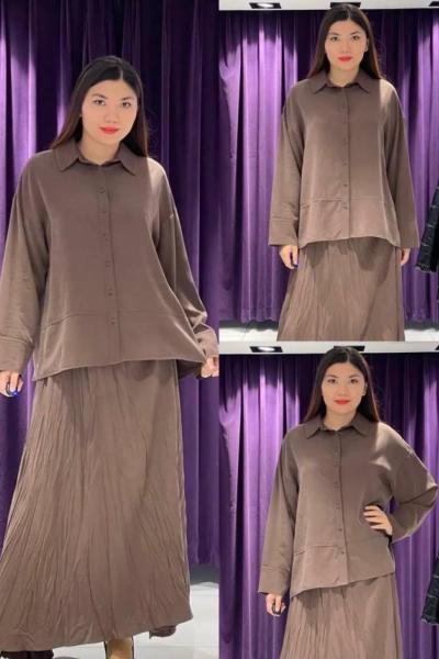 Ceremony Arkası Anvelop Detaylı Eteği Kraşlı Tencel Takım Kahverengi