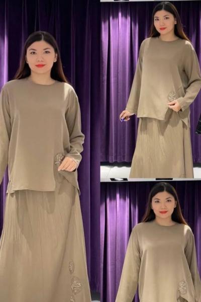 Ceremony Bluzu ve Eteği Yuvarlak İşlemeli  Tencel Takım Vizon