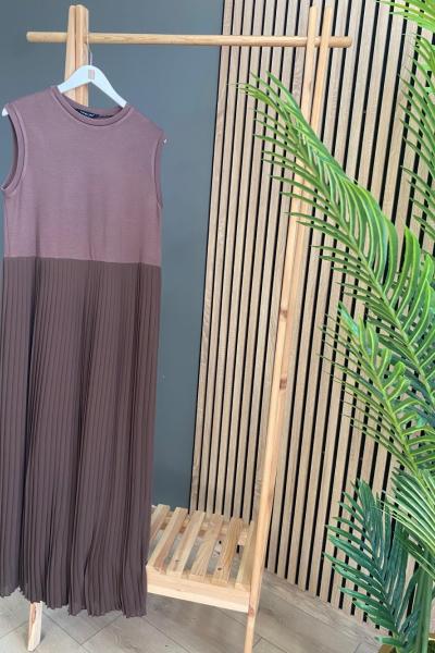 Ceremony Belden Pilise Detaylı Kolsuz Elbise Kahverengi