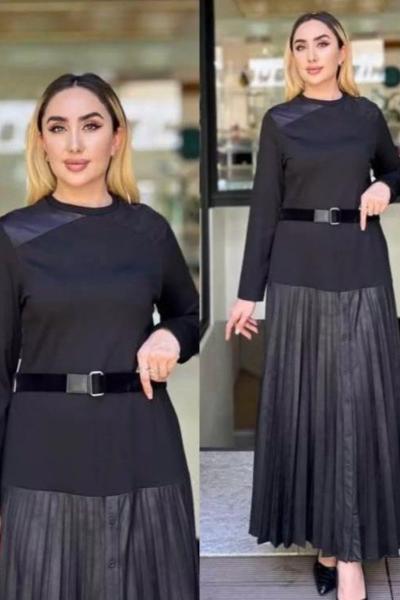 Ceremony Belden Aşağısı Kırak Deri Plisoley Elbise Siyah