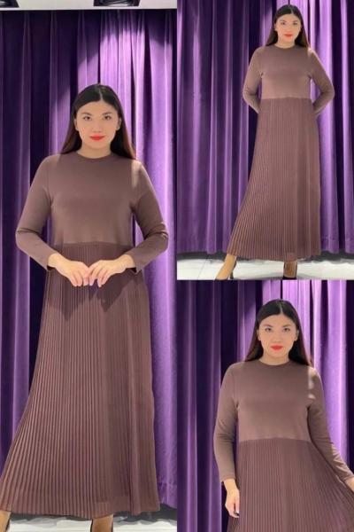 Ceremony Belden Plise Detaylı Uzun Kollu Elbise Kahverengi