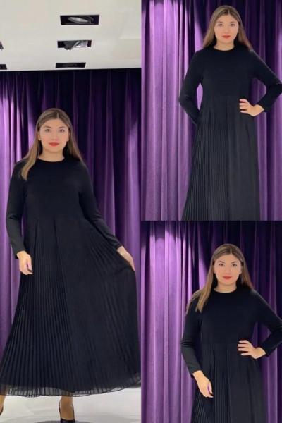 Ceremony Belden Plise Detaylı Uzun Kollu Elbise Siyah