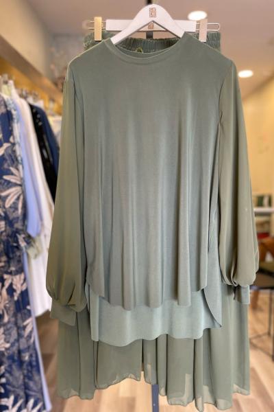 Ceremony Bluzunun Kolu Şifon Garnili Eteği Fırfırlı Ve Kraşlı Sandy Takım  Haki