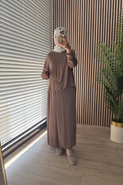 Ceremony Bluzu Pelerinli Pantolonlu Kruvaze Kapama Memory Takım Kakao