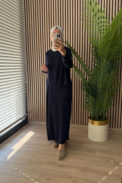 Ceremony Bluzu Pelerinli Pantolonlu Kruvaze Kapama Memory Takım Lacivert