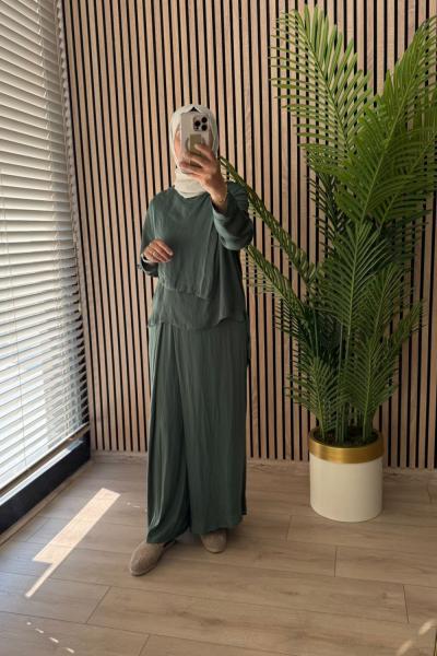 Ceremony Bluzu Pelerinli Pantolonlu Kruvaze Kapama Memory Takım Yeşil