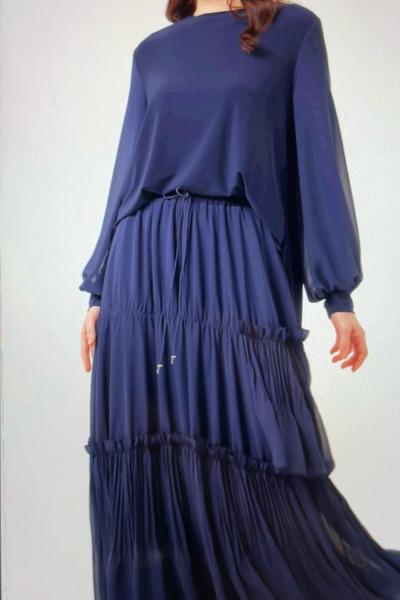 Ceremony Bluzunun Kolu Şifon Garnili Eteği Fırfırlı Ve Kraşlı Sandy Takım  Saks Mavisi