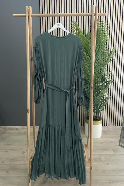 Ceremony Belden Kuşaklı Kolları Büzgü Detaylı Memol Cupra Elbise Yeşil