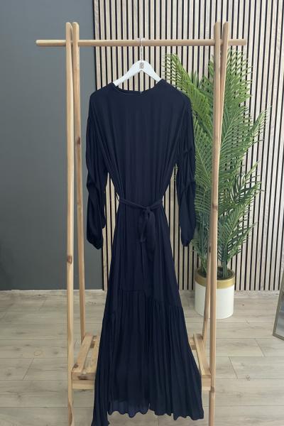 Ceremony Belden Kuşaklı Kolları Büzgü Detaylı Memol Cupra Elbise Lacivert