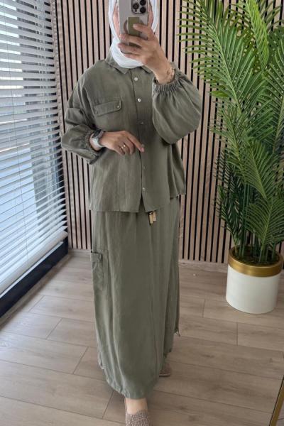 Ceremony Cepleri Boncuk Detaylı Cupra Etekli Takım Haki