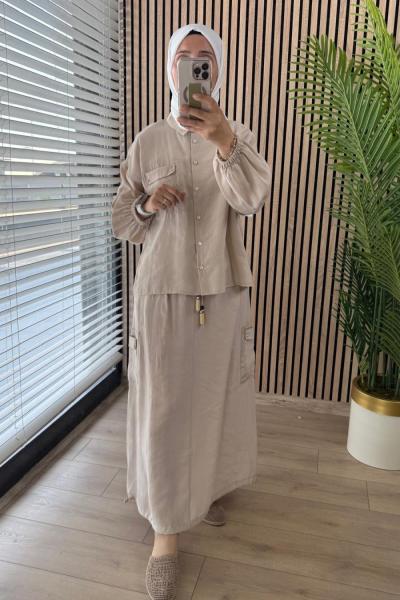 Ceremony Cepleri Boncuk Detaylı Cupra Etekli Takım Bej