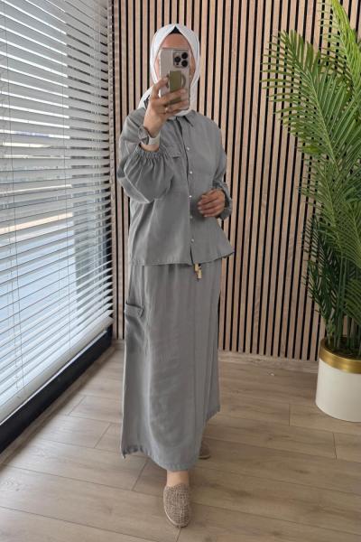 Ceremony Cepleri Boncuk Detaylı Cupra Etekli Takım Gri