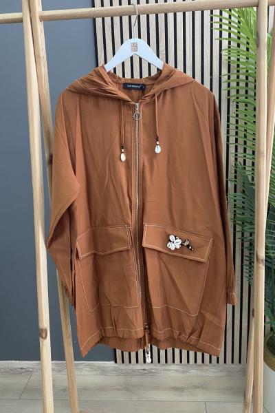 Ceremony Ceremony Kapşonlu Fermuarlı Tek Cebi Deniz Kabuğu İşlemeli Tencel Kap Tarçın