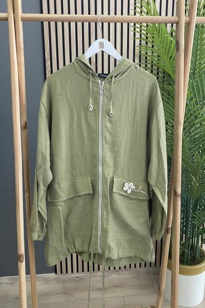 Ceremony Ceremony Kapşonlu Fermuarlı Tek Cebi Deniz Kabuğu İşlemeli Tencel Kap Yeşil