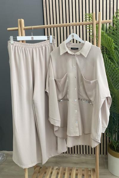 Ceremony Cebi Pullu Sedef Düğmeli Takım Taş Rengi