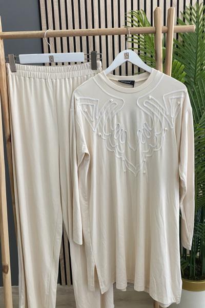 Ceremony Ceremony Tuniği Lase İşli Bambu Pantolon Takım Bej