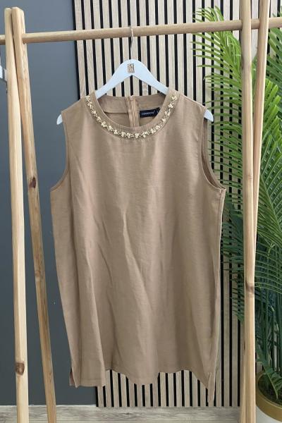 Ceremony Ceremony Yakası Taş İşlemeli Kolsuz Tencel Bluz  Kahverengi