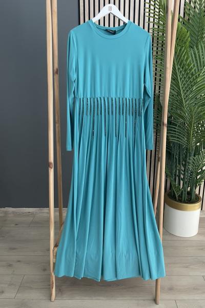 Ceremony Ceremony Nervürlü Zincirli Sandy Elbise  Turkuaz