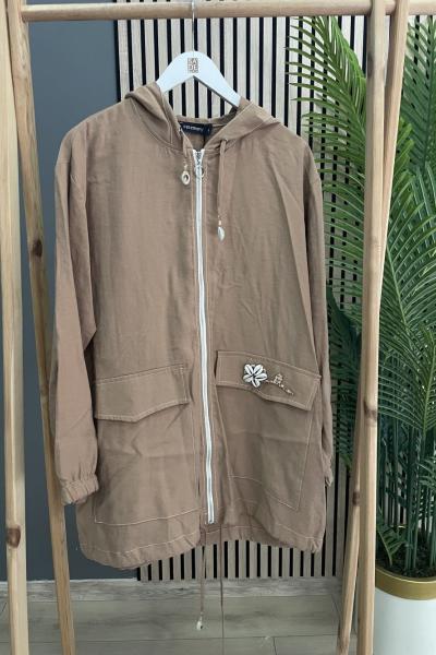 Ceremony Ceremony Kapşonlu Fermuarlı Tek Cebi Deniz Kabuğu İşlemeli Tencel Kap  Sütlü Kahve