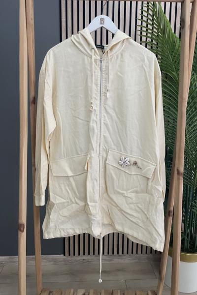 Ceremony Ceremony Kapşonlu Fermuarlı Tek Cebi Deniz Kabuğu İşlemeli Tencel Kap  Krem