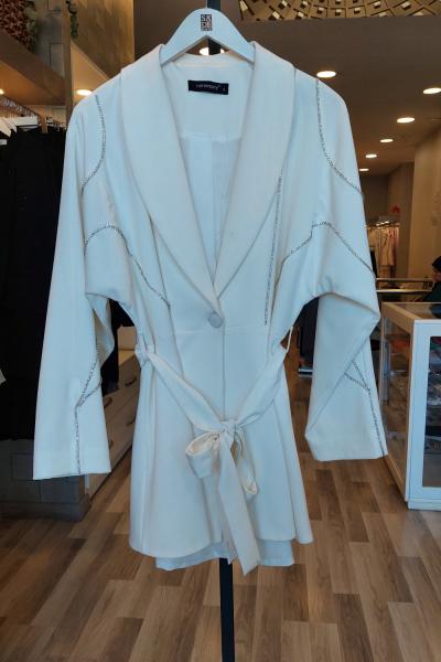 Ceremony Taşlı Kuşaklı Ceket Beyaz