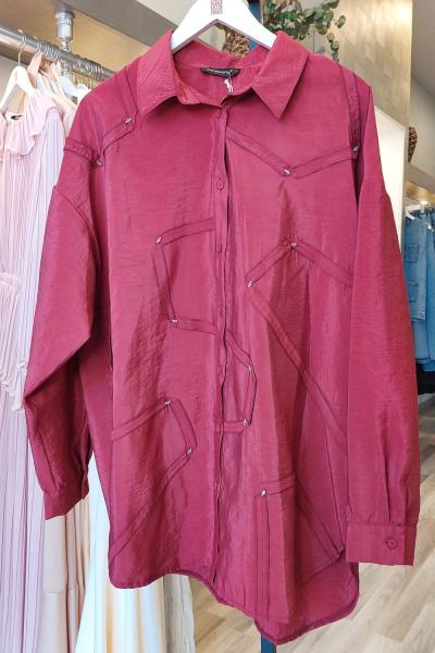 Ceremony Düğmeli Uzun Kollu Dekoratif Dikişli Gömlek Kırmızı