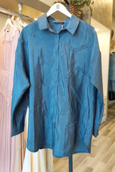 Ceremony Düğmeli Uzun Kollu Dekoratif Dikişli Gömlek Lacivert