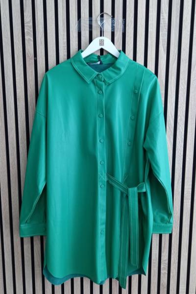Ceremony Düğme Detaylı Deri Gömlek Yeşil