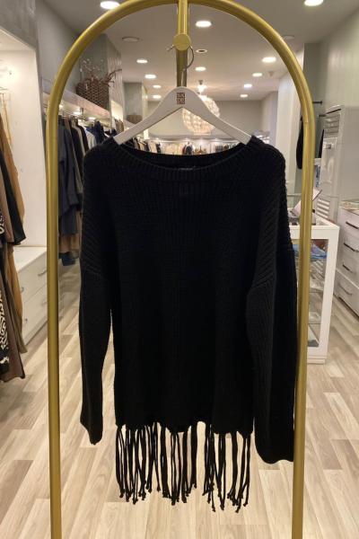 Ceremony Etek Ucu Saçaklı Selanik Örme Kazak  Siyah