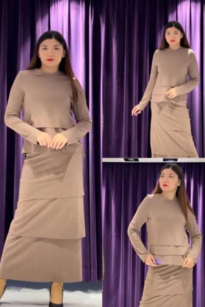 Ceremony Eteği ve Bluzu Kat Kat Çelik Triko Takım Vizon