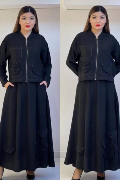 Ceremony Eteği ve Ceketi Bakır Kum Boncuk Detaylı Pasion Etekli Takım Siyah