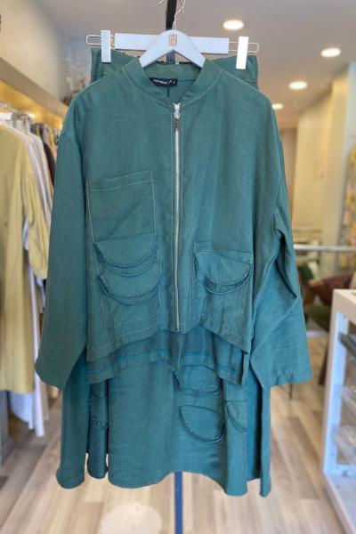 Ceremony Eteği ve Ceketi Bakır Kum Boncuk Detaylı Pasion Etekli Takım Koyu Yeşil