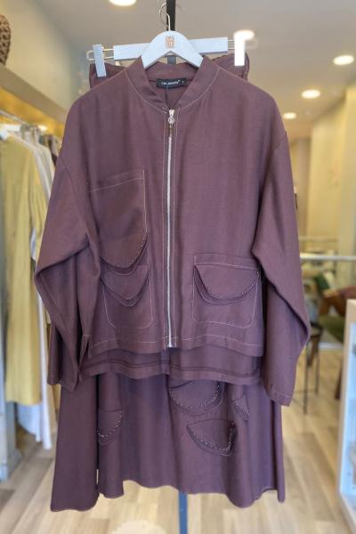 Ceremony Eteği ve Ceketi Bakır Kum Boncuk Detaylı Pasion Etekli Takım Kızıl Kahve