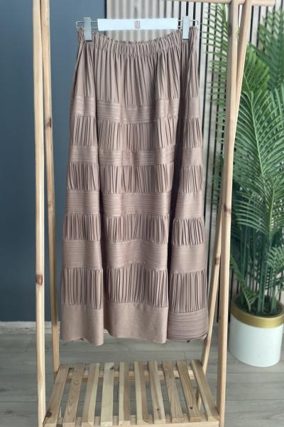 Ceremony Enine ve Boyuna Pilise Etek Camel