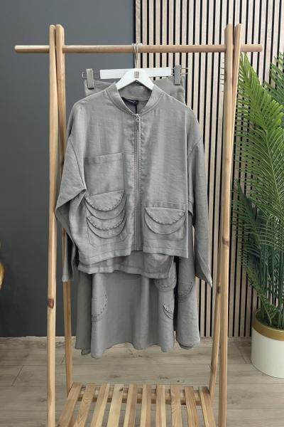 Ceremony Eteği ve Ceketi Bakır Kum Boncuk Detaylı Pasion Etekli Takım Taş Rengi