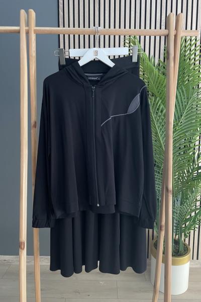 Ceremony Fermuarlı Gri Kombinli  Bomber Etekli Takım Siyah