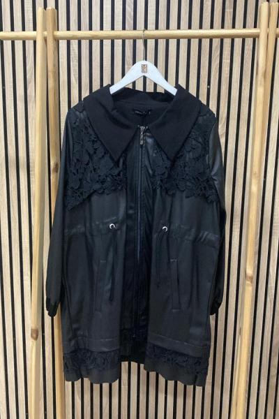 Ceremony Güpür Detay Yakalı Deri Ceket Siyah