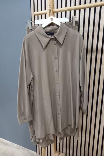 Ceremony Gömleğinin Arkası Kraşlı Tencel Pantolonlu Takım Vizon