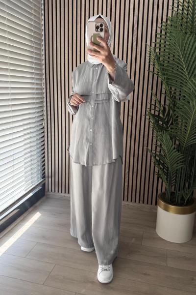 Ceremony Göğüsü Aller Detaylı Yakası İşlemeli Pantolonlu Cupra Takım Gri