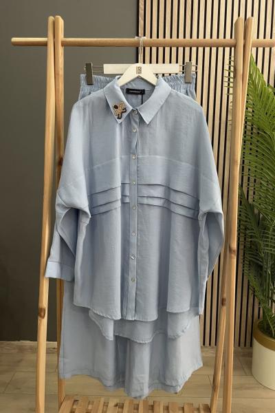 Ceremony Göğüsü Aller Detaylı Yakası İşlemeli Pantolonlu Cupra Takım Açık Mavi