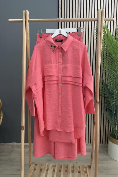 Ceremony Göğüsü Aller Detaylı Yakası İşlemeli Pantolonlu Cupra Takım Mercan