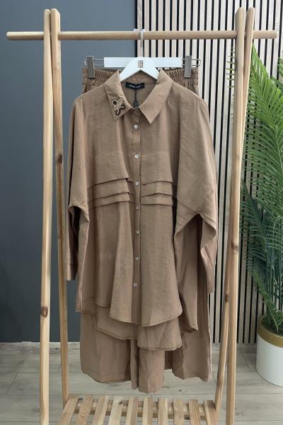 Ceremony Göğüsü Aller Detaylı Yakası İşlemeli Pantolonlu Cupra Takım Camel