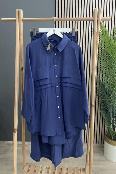 Ceremony Göğüsü Aller Detaylı Yakası İşlemeli Pantolonlu Cupra Takım İndigo